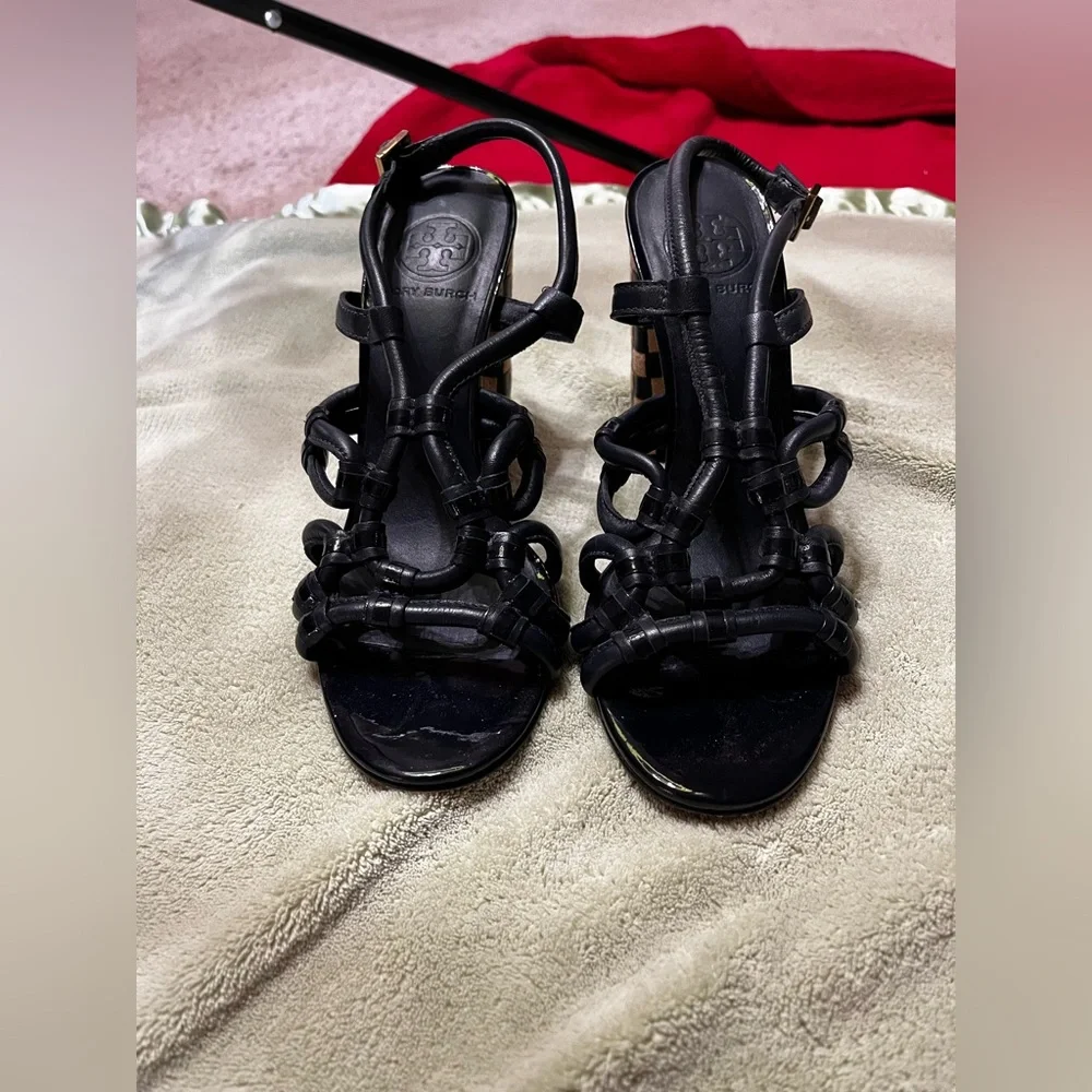 Tory Burch Black and Tan Strappy Block Heels - Picture 12 of 15
